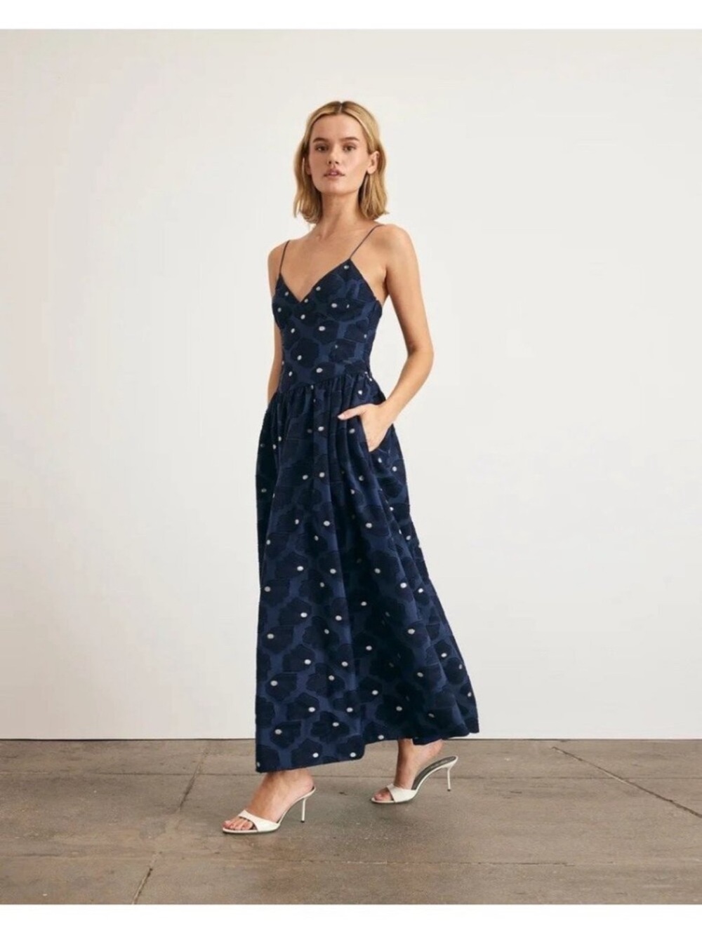 Tanya Taylor Navy Spaghetti-Strap Polka Dot Maxi Dress